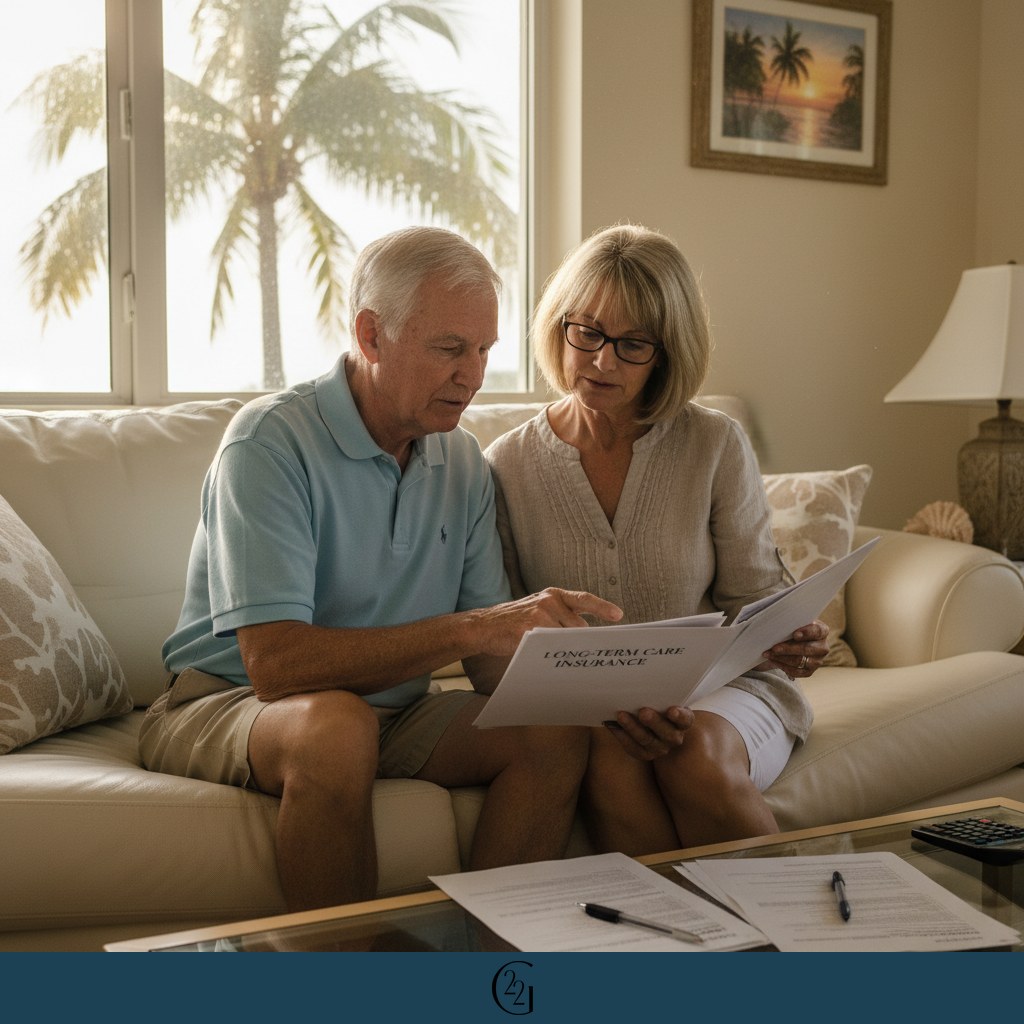 Florida family reviewing long-term care insurance and Medicare paperwork together at home