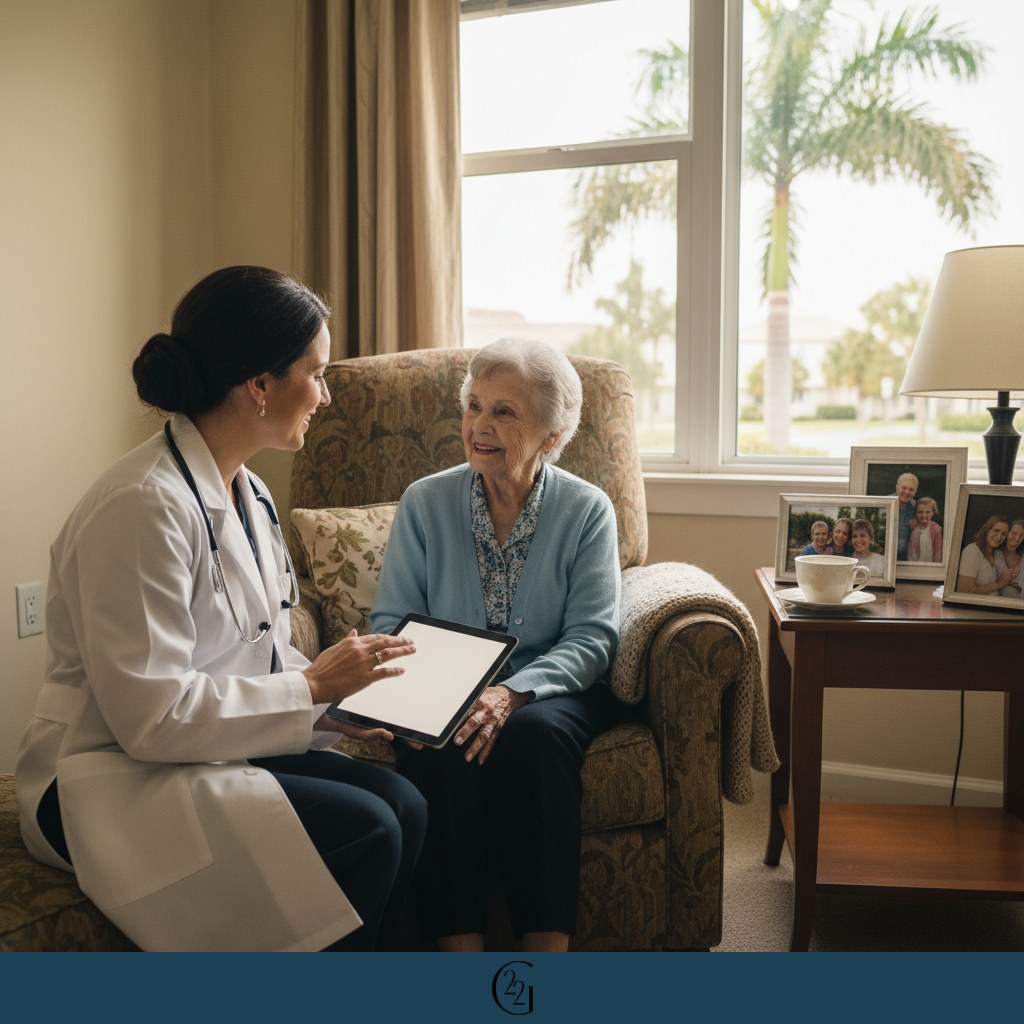 Doctor visiting an elderly woman in her Florida assisted living apartment